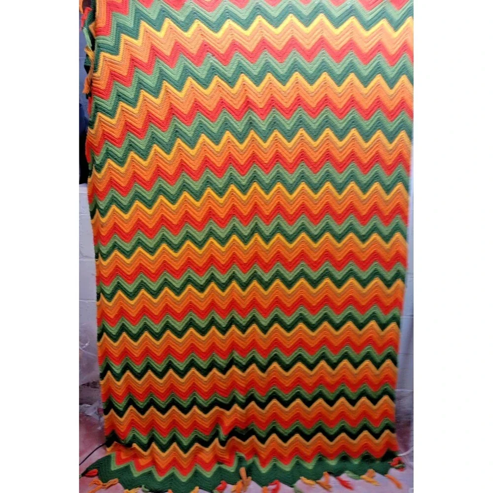 Vintage Zig Zag Chevron Afghan 70s Style Crochet 51” x 84”